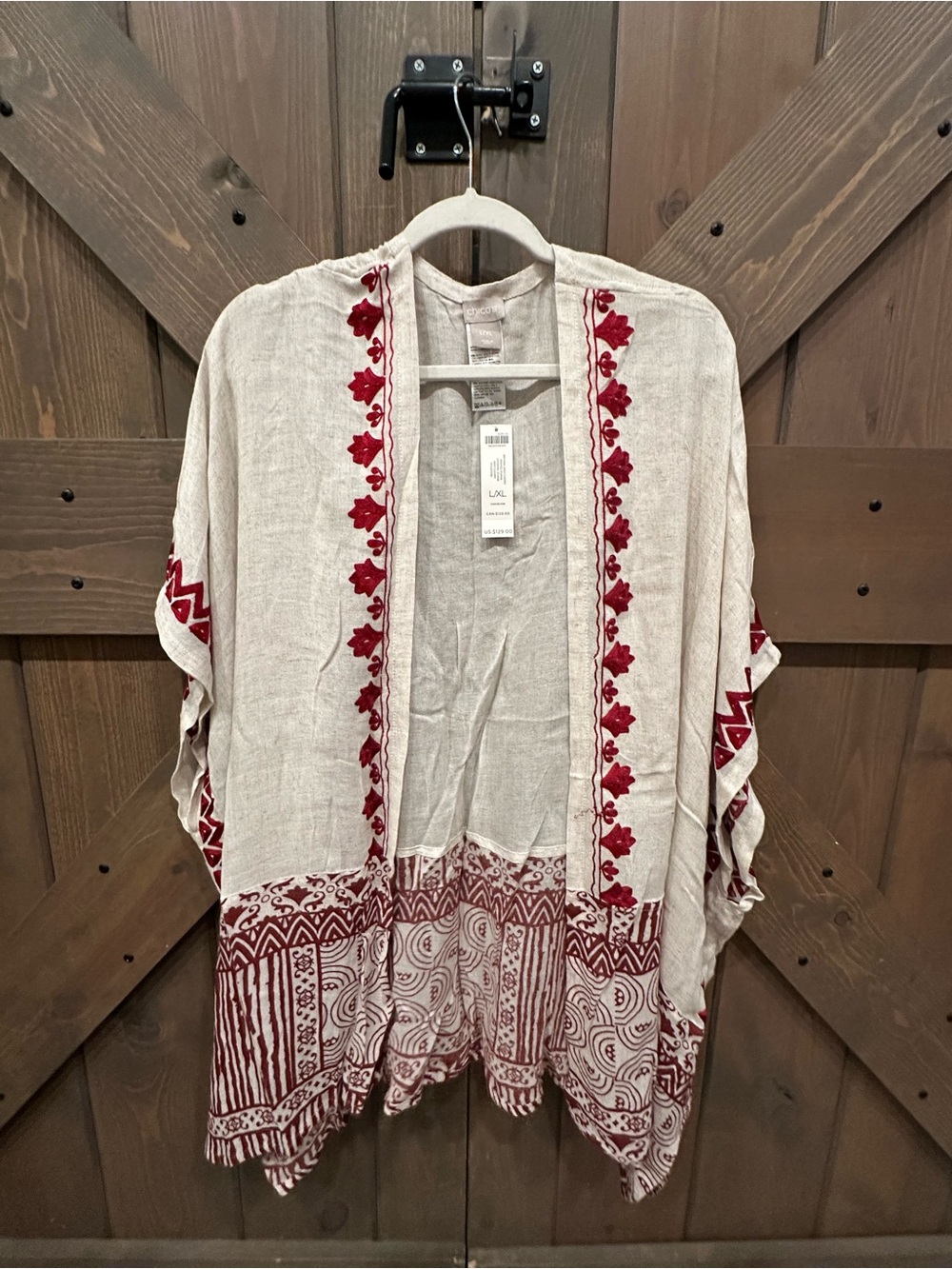 Chico's Cream Open-Front Kimono with Red Embroidery